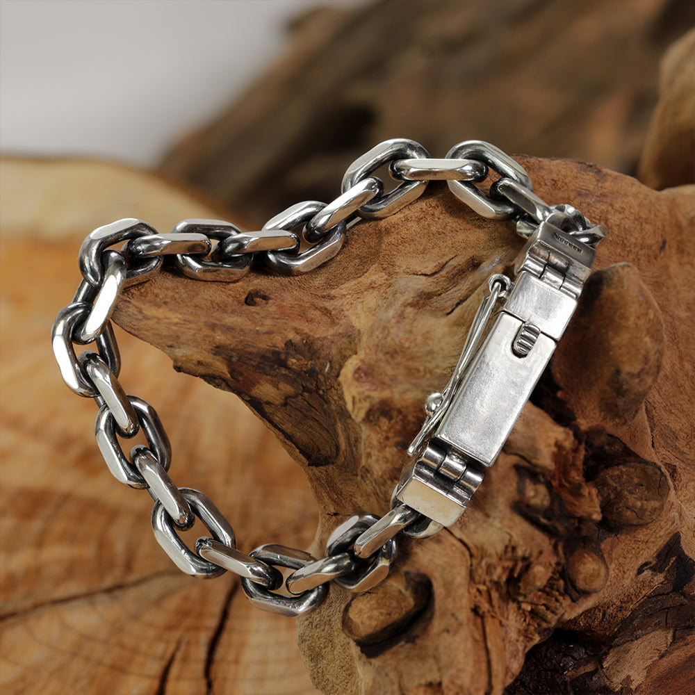 Handcrafted Monolith chain anchor bracelet for men made from solid 925 sterling silver on white background.