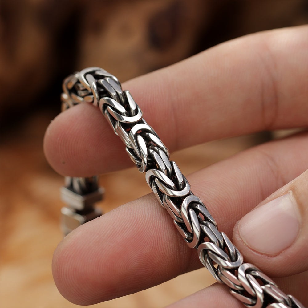 Men’s sterling silver Byzantine bracelet showcasing intricate Imperio chain weaving and polished finish.