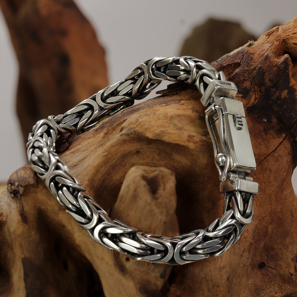 Handmade 925 sterling silver Byzantine bracelet for men with Imperio chain design on white background.